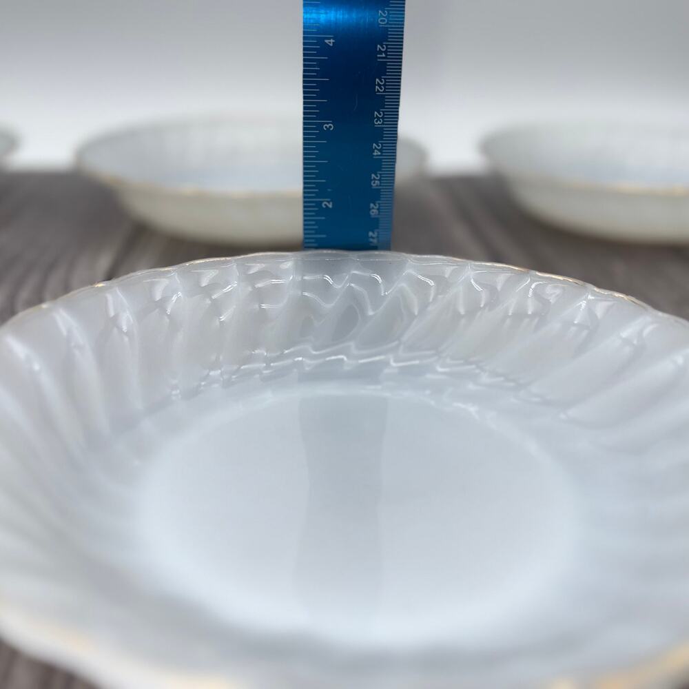 Vintage Fire King Milk Glass Swirl Bowls Gold Trim Set of 4 Anchor Hocking 7.5" - Picture 16 of 16